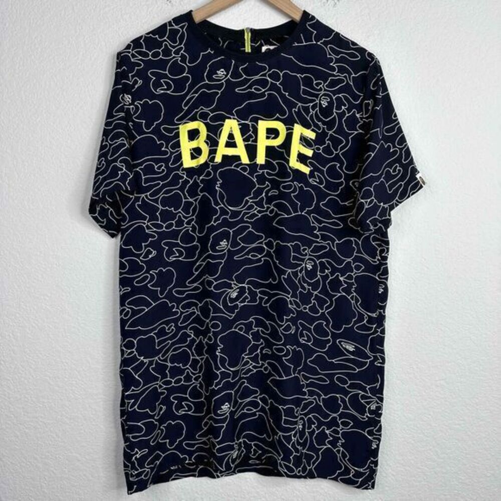 BAPE A‎ Bathing Ape Shirt Mens Small Blue Yellow Short Sleeve Abstract Graphic